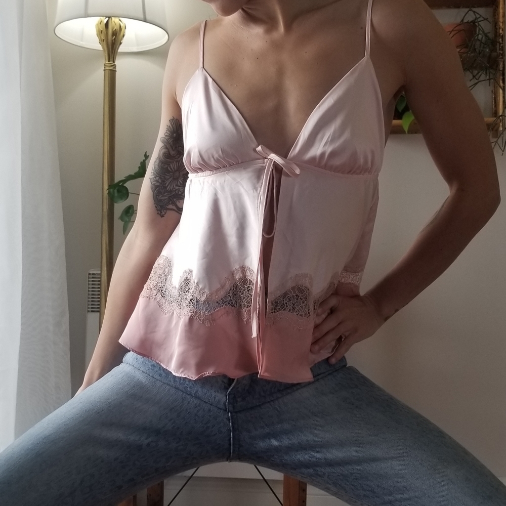 Victoria's Secret Pink Babydoll Cami Medium Tie Bow Lace Satin Lingerie